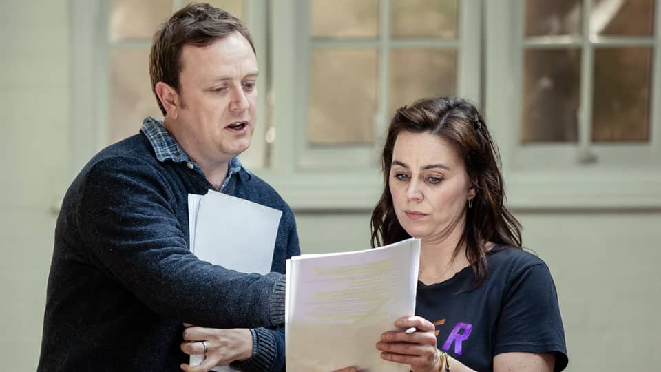 Adapter Duncan Abel and Jill Halfpenny in rehearsals for The Girl on the Train. Credit Richard Davenport